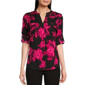 Calvin Klein Split V-Neck Roll-Tab Sleeve Flap Pocket Button Front Blouse